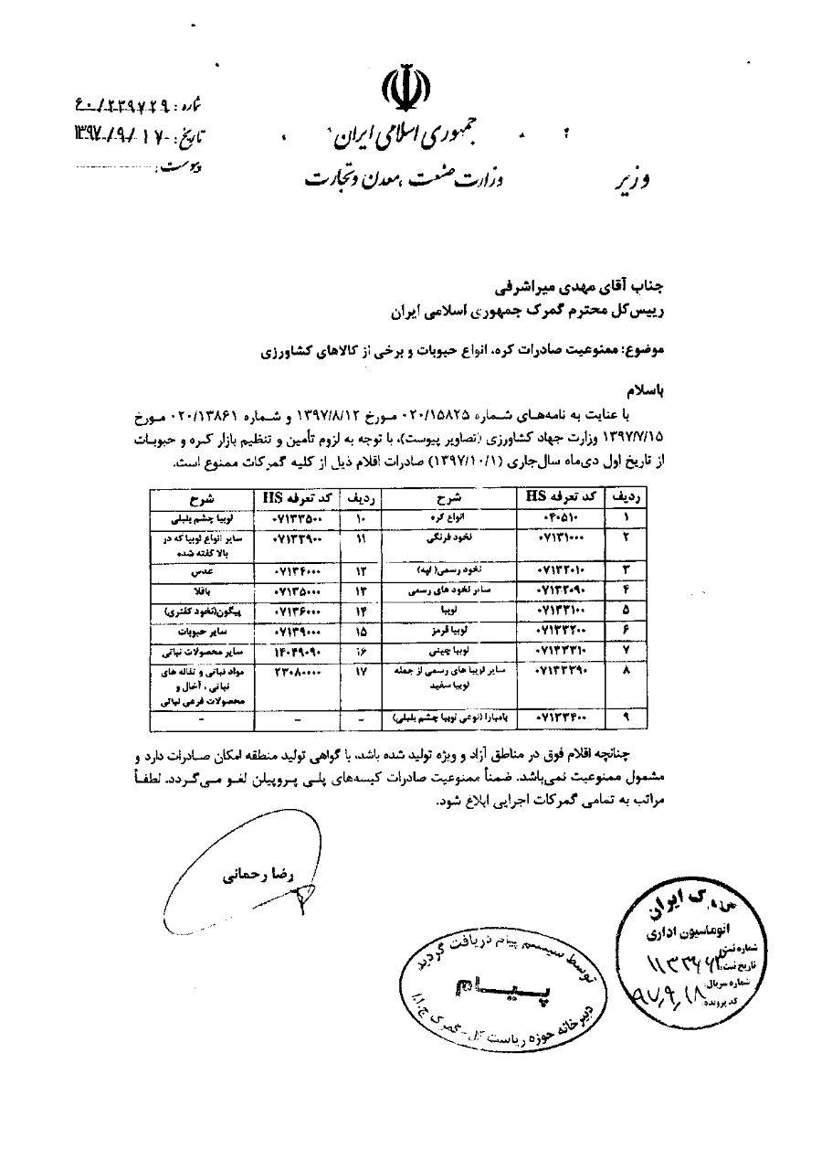 صادرات ۱۷قلم مواد غذایی از اول دی ممنوع شد