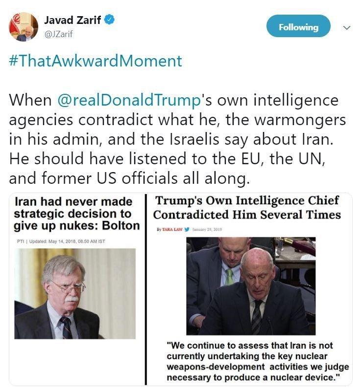 واکنش ظریف به توئیت ترامپ درباره ایران و برجام